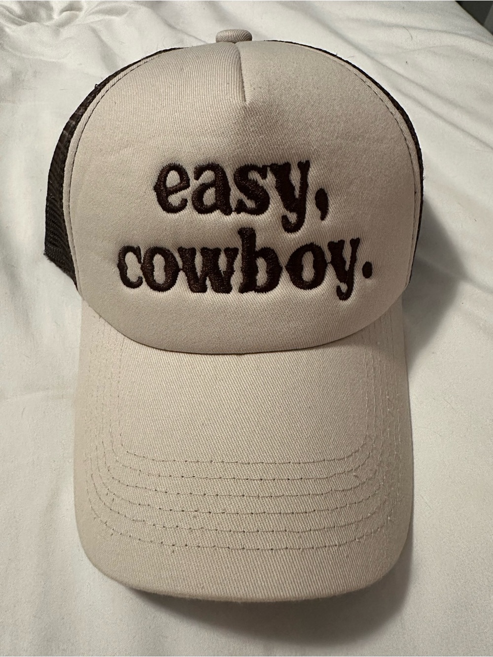 Altar'd State Beige and Brown 'easy, cowboy.' Trucker Hat
